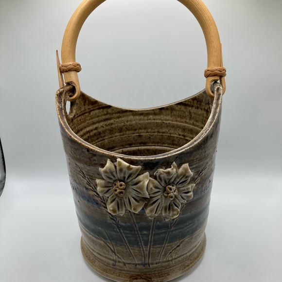 Vintage Teal/Tan/Blue Pottery Flower Pot with Bamboo Handle - Picture 2 of 10